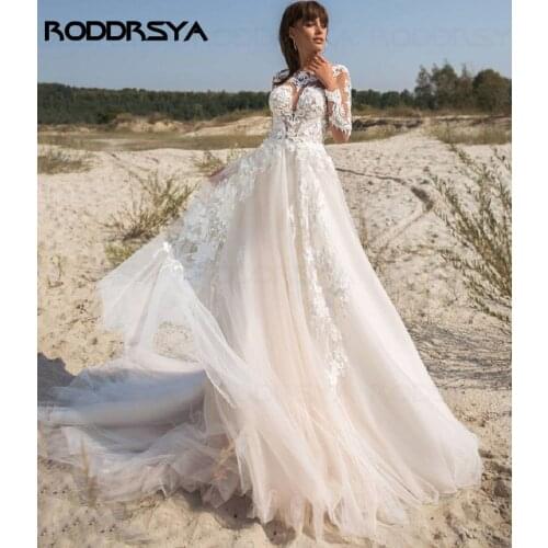 RODDRSYA Gorgeous Wedding Dresses Long Sleeves Lace Buttons Tulle A-Line Dubai Wedding Gown Bridal Dress vestidos de verano