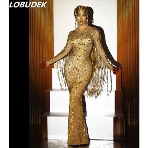 Luxury Prom Birthday Celebrate Rhinestones Fringe Dresses Lady Singer Host Sequins Tassels Crystal Dress Nightclub Stage Costume