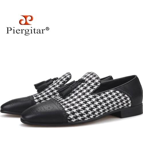 Piergitar brand new design houndstooth pattern men tassel shoes handmade mens loafers for party and prom men smoking slipper