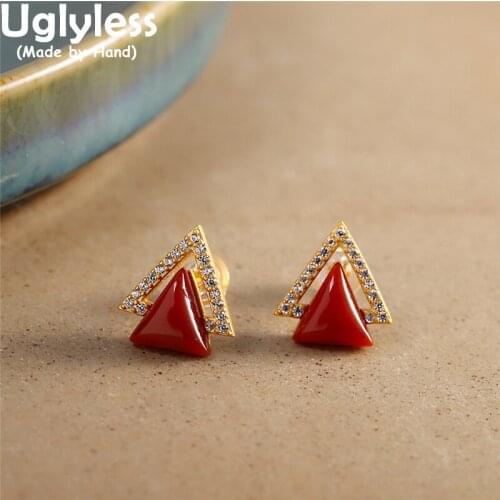 Uglyless Triangle Crystals Studs Earrings for Women Gold MINI Agate Gemstones Earrings Real 925 Silver Brincos Fashion Jewelry
