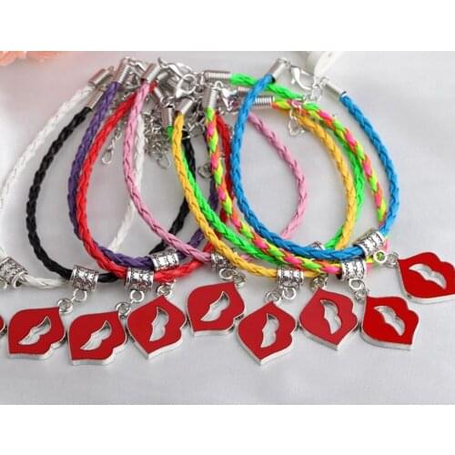 Vintage Silver Enamel Red lips Bracelet Mixed Color Weave Leather Bracelets Jewelry For Women DIY Gifts Gifts Accessories Z248