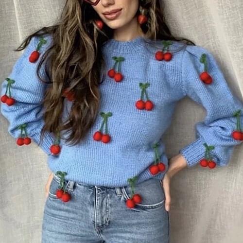 Foridol hand-made cherry sweater women vintage crochet blue pullovers autumn winter streetwear casual oversized sweater 2020