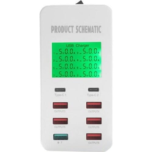 QC 3.0 USB Charger 8 Port 5V/7A Type C Fast Charger LCD Display For iPhone Xs MAX iPad AMSUNG S9 Huawei Nexus 5P 6X Power Supply