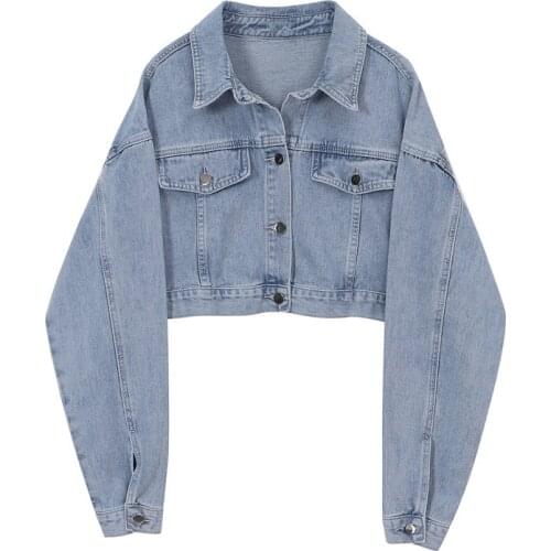 Women Vintage Light Blue Short Denim Jacket Autumn Loose Lapel Long Sleeve Jeans Jacket Female Casual Chaqueta Mujer Basic Coat
