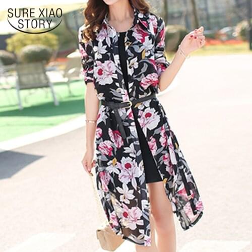 Plus size women long sleeve shirts Medium long sunscreen clothing chiffon suit cardigan shawl slim tops women shirts 3554 50