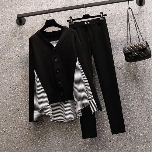 Plus Size Womens Spring 2021 New Fat Sister Age Reduction Striped Stitching Knitted Shirt Casual Pants Two-piece Suit