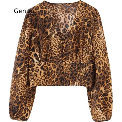 Spring Shirt Womens Fashion Trend V-Neck Long-Sleeved Leopard Print Casual Short Top Female T-Shirt Blusas Loose Blouses 2021