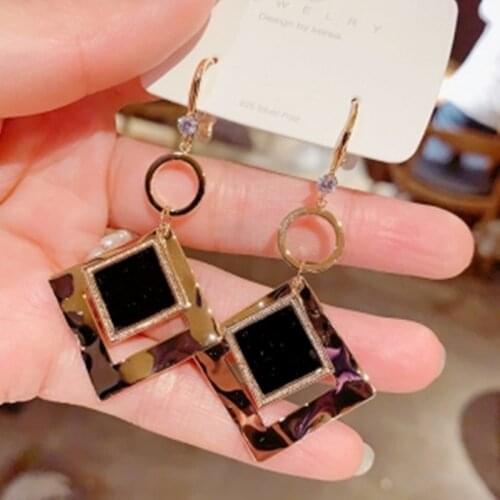 Origin Summer Exaggeration Geometric Cube Cubic Zircon Dangle Earring for Women Black Circle Metallic Hollow Out Earring Jewelry