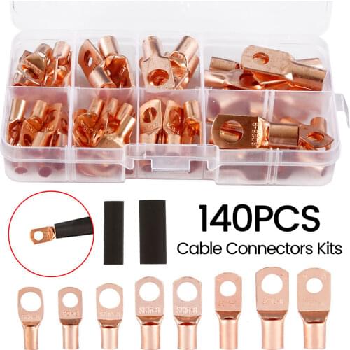 140pcs Car Auto Copper Ring Terminal Wire Crimp Connector Lugs Terminals Bare Cable Battery Terminals Soldered Connectors Kit