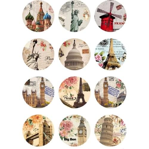 16mm 12mm 25mm 411 12pcs/lot Building Mix Round Glass Cabochons DIY Jewelry Findings fit 18mm Snap Button Charm Bracelet Gift