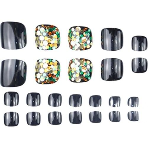 Skin-friendly 24Pcs Premium Black Sequins Pedicure Fake Extension Tips with Glue Nail Patch Creative for Girls