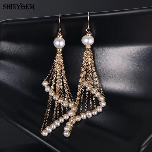 ShinyGem Gold Filled Baroque 8mm Pearl Earrings Vintage Gold Chain Long Earrings Handmade Natural Freshwater Pearl Drop Earrings