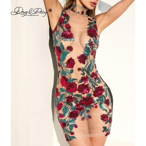 DAVYDAISY Women Sexy Gauze Embroidered Flower Sequined Dress See-through Mesh Party Clubwear Evening Dress Sexy Lingerie DR018
