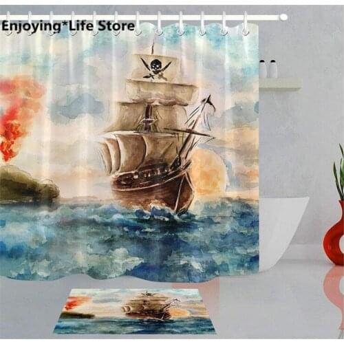 Shower Curtain Set Pirate Ship Shower Curtain Bathroom Bath Mat Waterproof Fabric Rugs72 x 72'' with 12 Hooks Mat 24x16