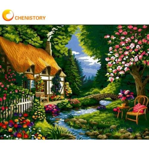 CHENISTORY 60x75cm Frame DIY Painting By Numbers River Tree Landscape Acrylic Handpainted On Canvas Picture By Numbers For Art