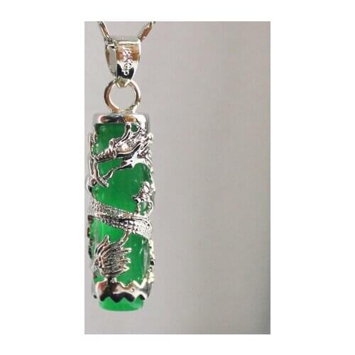 Chinese Wind Cylinder Green JADE Dragon Relief Women Pendants Necklace