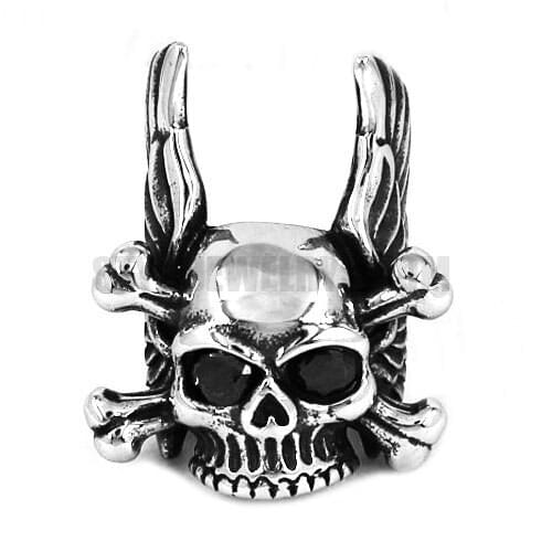Wings Cross Bones Skull Ring Stainless Steel Jewelry Vintage Gothic Black CZ Eyes Skull Biker Ring for Men Wholesale SWR0451A