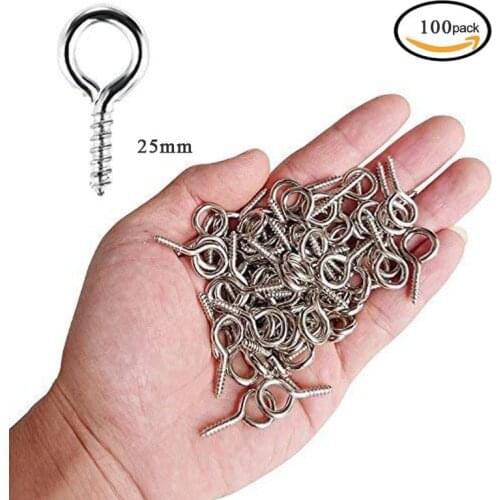 Small Screw Eye 100PCS 1 1.65 inch Silver Color Zinc Plated Metal Cup Hooks Eye Shape Screw Hooks Self-tapping Screws Hooks Ring