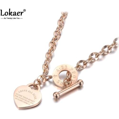 Lokaer Titanium Stainless Steel Heart Charm Pendant Necklaces Jewelry Classic Love Bible Proverbs 4:23 O-Chain Necklace N19085
