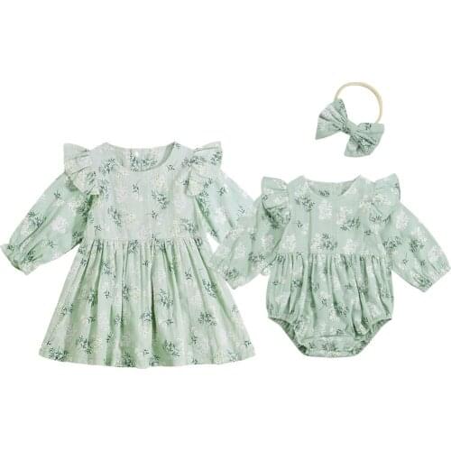 Multicolor Autumn Sister Baby Girls Clothing Cute Long Sleeve Dress Toddler Kids Floral Printed Round Collar Dress 1-5 Years