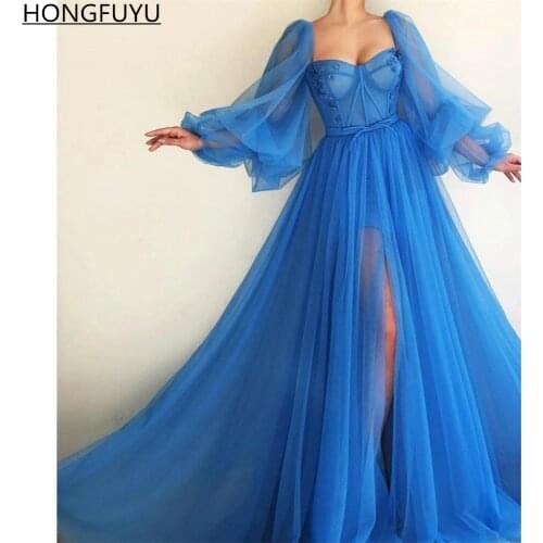 HONGFUYU Blue Prom Dresses Long Puffy Sleeves Tulle Backless Formal Evening Party Gowns Beauty Pageant Dresses 2021 Custom Made
