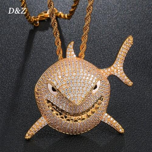 D&Z Hip Hop Shark Shape Pendants In Gold Soild Back Pendant Iced Out Cubic Zircon Stones Men Hip Hop Rock Jewelry