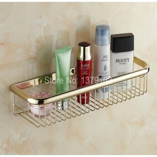 Luxury Gold Color Brass Wall Mounted Bathroom Accessory Single Tier Soap / Sponge Corner Shower Storage Basket aba096
