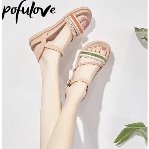 Pofulove Sandals for Women Summer Platform Shoes Fashion Design Sandalias Girl Student Sandals Gladiator Elegant Beach Flats
