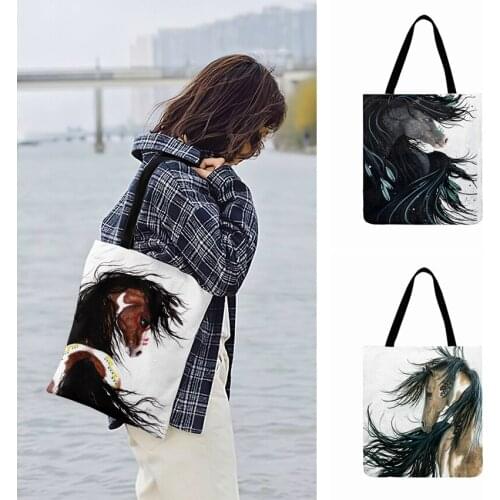 Fashion Shopping Bags Watercolor Art Brave Horse Painting Print Tote Bag For Women Casual Totes Ladies Shoulder Bags Beach Bags