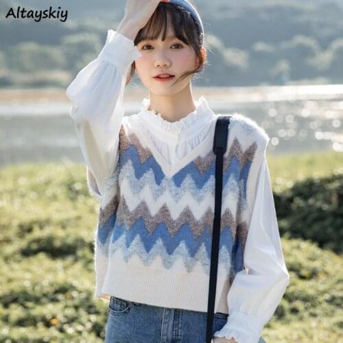 Sweater Vest Women Spring Colorful All-match Fashion Sweet Japanese Style Patchwork Knitwear Holiday Sleeveless Students Chic