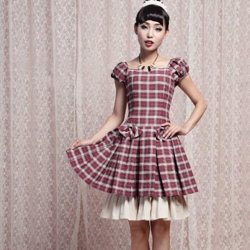 Vintage Women Flounced Plaid A-line Dress Casual British Style Puff Sleeve Cotton Dress Lacing Slim Sweet Princess Dresses