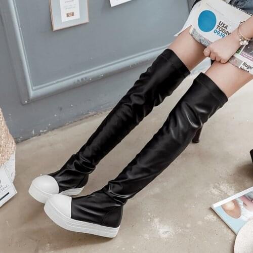 US4-11 Womens Over The Knee Thigh Boots Stretchy Match Colors Round Toe Platform Wedge Heel Shoes Pull On Plus Size 34-44