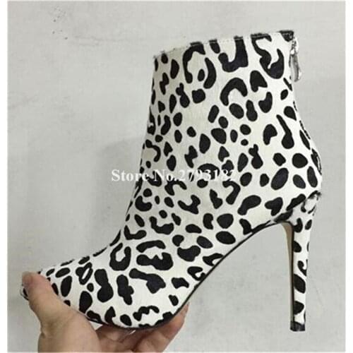 Women Fashion Pointed Toe White Leopard Suede Leather Thin Heel Short Boots Zipper-up High Heel Ankle Boots Club Pumps