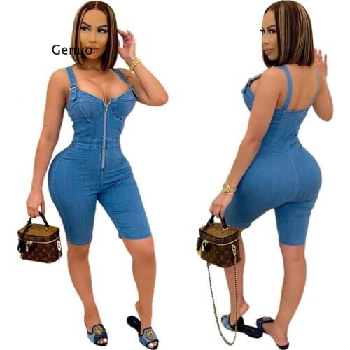 Women Set Imitation Denim Print Sleeveless Zip Crop Camis Skinny Shorts Two 2 Piece Sets Casual Fashion Outfit