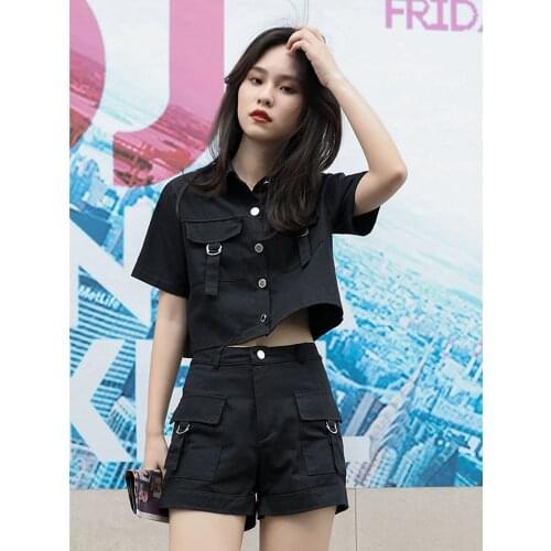 Womens suit New suit single-breasted pocket shirt + casual shorts black denim overalls vintage harajuku dropshipping size