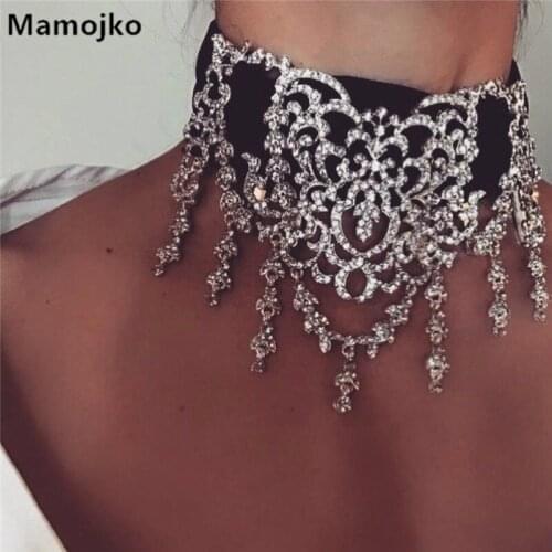 Mamojko Fashion Luxury Hollow Pattern Rhinestone Lace Choker Necklace Sex Lady Crystal Tassel Statement Necklace Collar Bijoux