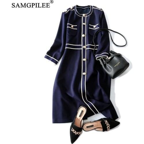 Women Clothing Autumn 2021 Casual Plus Size Dress A-line Solid Three Quarter Button Empire O-neck Elegant Dresses For Women 4XL