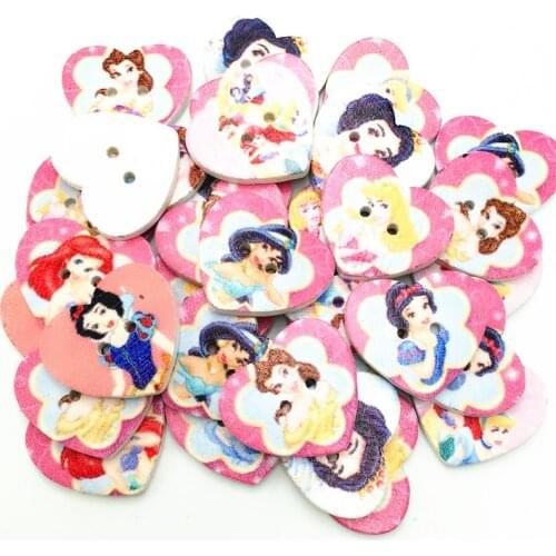 10pcs 25x22mm Dream Princess Cartoon Painted Heart Shaped Wood Buttons 2 Holes Baby Fancy Button Sewing Accessories