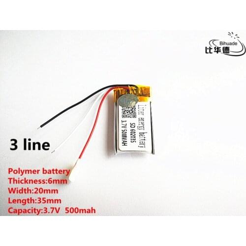 5pcs/lot 3 line Good Qulity 3.7V,500mAH,602035 Polymer lithium ion / Li-ion battery for TOY,POWER BANK,GPS,mp3,mp4