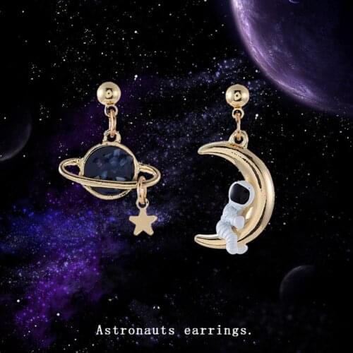 Korea Style Asymmetrical Fresh Enamel Astronaut Planet blue Star Moon Planet Circle Clip on Earrings Non Pierced For Girl Women