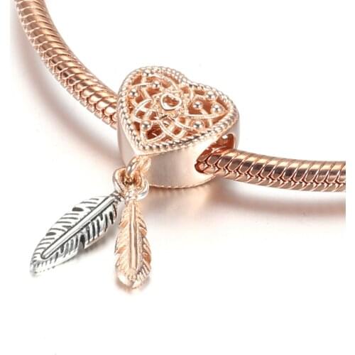 Authentic S925 Pendant Charm Heart Rose Gold Colour Dream Catcher Dangle Charm fit Lady Bracelet & Bangle DIY Jewelry