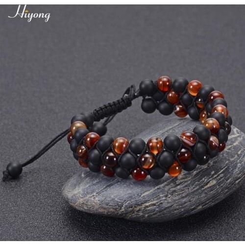 HIYONG Black Matte Onyx Stone Beads Bracelet Adjustable Natural Stone Striped Agates Beads Bracelet Braided Rope Prayer Bangle