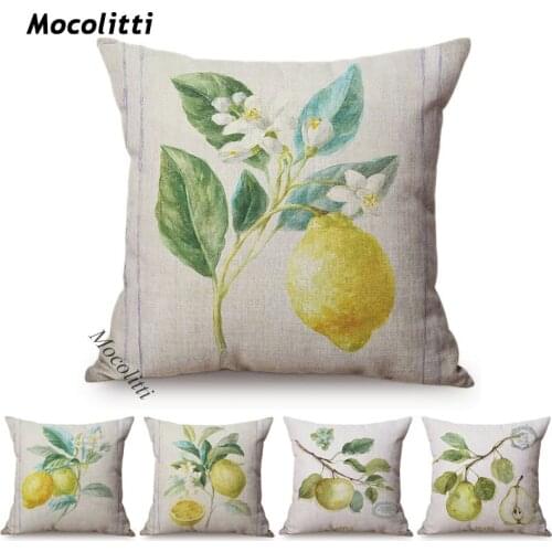 Navy Blue Lemons Fruit Pattern Water Color Art Throw Pillows Pillowcase Cotton Linen Sofa Chair Decoration Cushion Cover Cojines