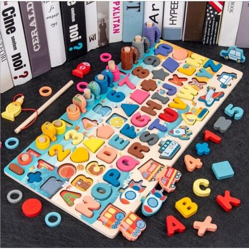 Kids Montessori Math Toys For Toddlers Educational Wooden Puzzle fishing game Count Number Shape Matching Sorter Board kids Toy