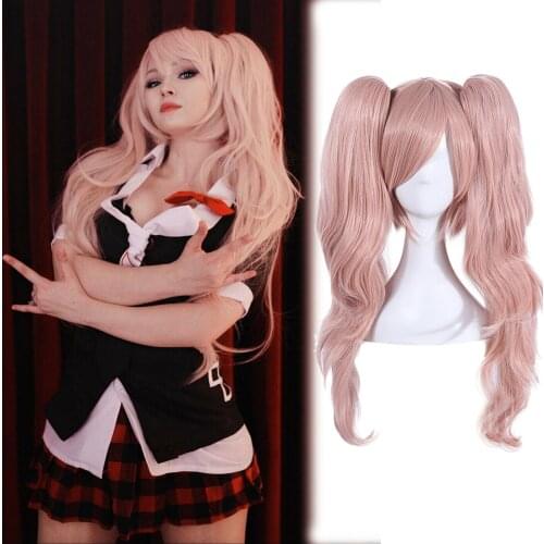 Danganronpa Junko Enoshima Pink Cosplay Wigs 2 Clip Ponytails Synthetic Hair Wig+Suits Custumes