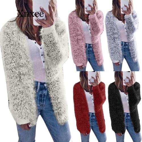 Autumn Winter Women Solid Color Fluffy Long Sleeve Knit Coat Open Front Cardigan Cotton Wool Sweater Coat Winter Long Pink Red
