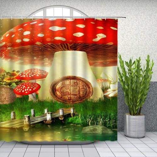 Landscape Shower Curtains Green plant Forest Red Mushroom House Flowers Bathroom Decor Home Bath Waterproof Polyester Curtain