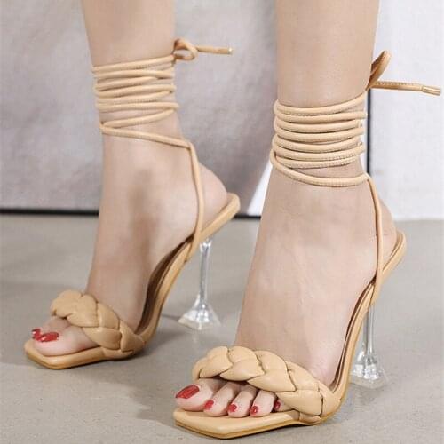 Summer Fashion Design Weave Ladies Sandals Transparent High Heels Ladies Lace Up Thin Heels Sandalias Femenina