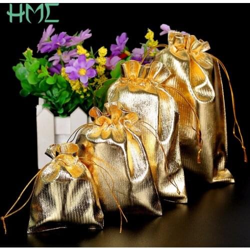 10pcs 4 Sizes(7*9-13*18cm) Gift bags Gold Silver Color Drawable Organza Pouch Christmas Wedding Gift Jewelry Craft Candy Bags