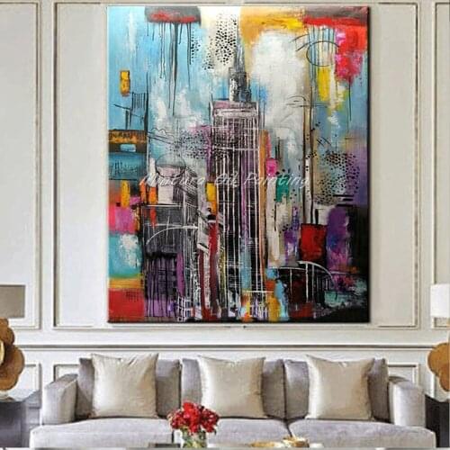 Mintura Art Hand Painted Modern Abstract Oil Paintings On Canvas Tall Building Art Picture Wall Art For Living Room Hotel Decor